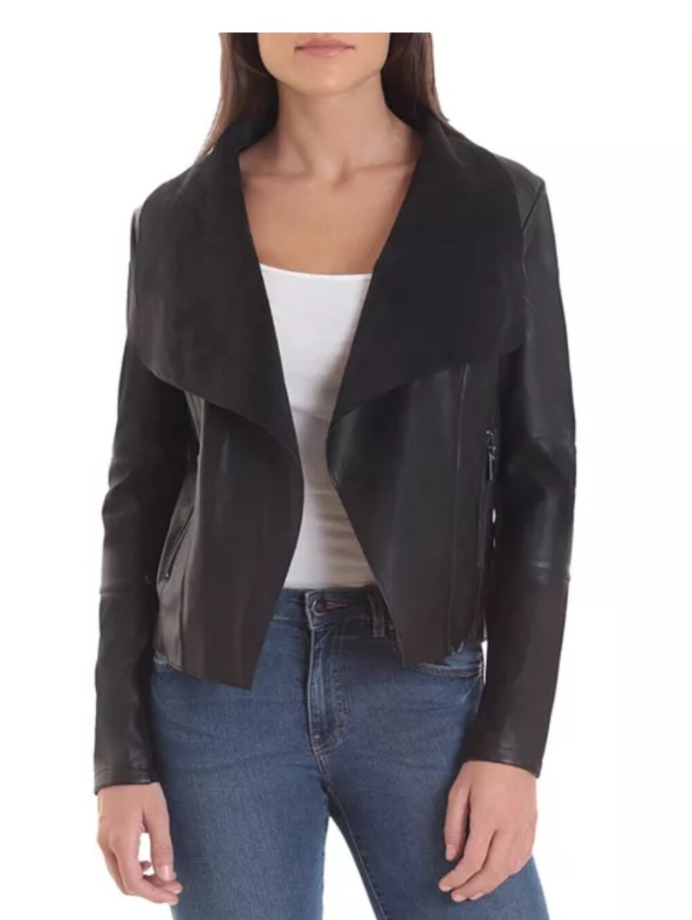 Women's Black Draped Open-Front Faux Leather Jacket
